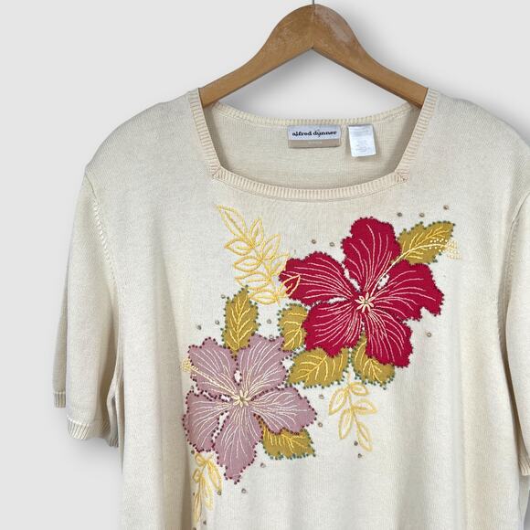 90s Vintage Floral Embroidered Beaded Short Sleeve Knit Sweater XL - Picture 5 of 5